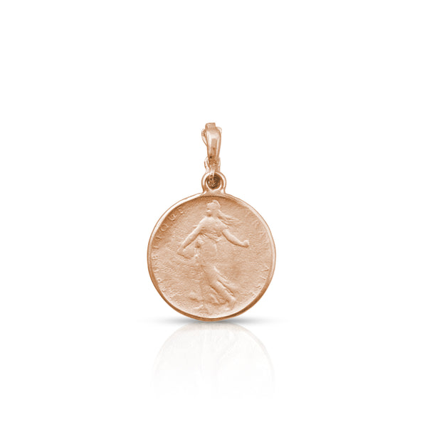 Dominique Cohen solid 18k rose gold goddess coin enhaner, on hinged bail <span class='visuallyhidden'>Call or text 323-404-2959 if you need shopping assistance.</span>